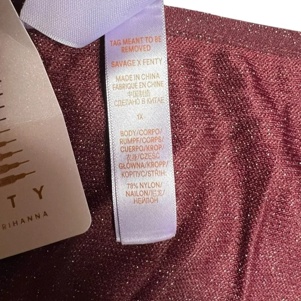 Savage X Fenty Sleep & Shine Glitter Long Sleeve Crop Tee Red Cocoa Size 1X NWT
